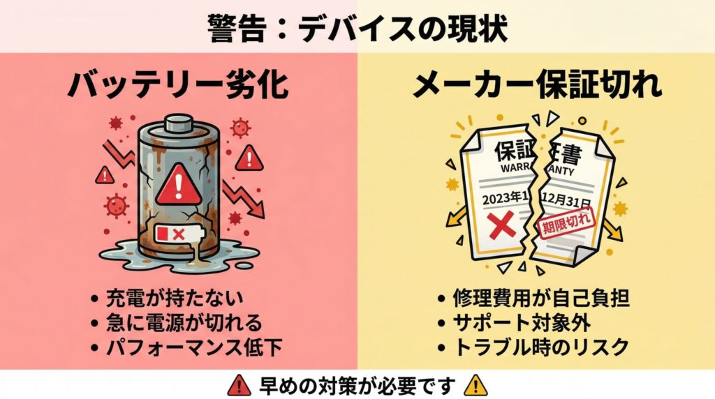 中古パソコンのデメリットであるバッテリー劣化と保証切れを示す図解。