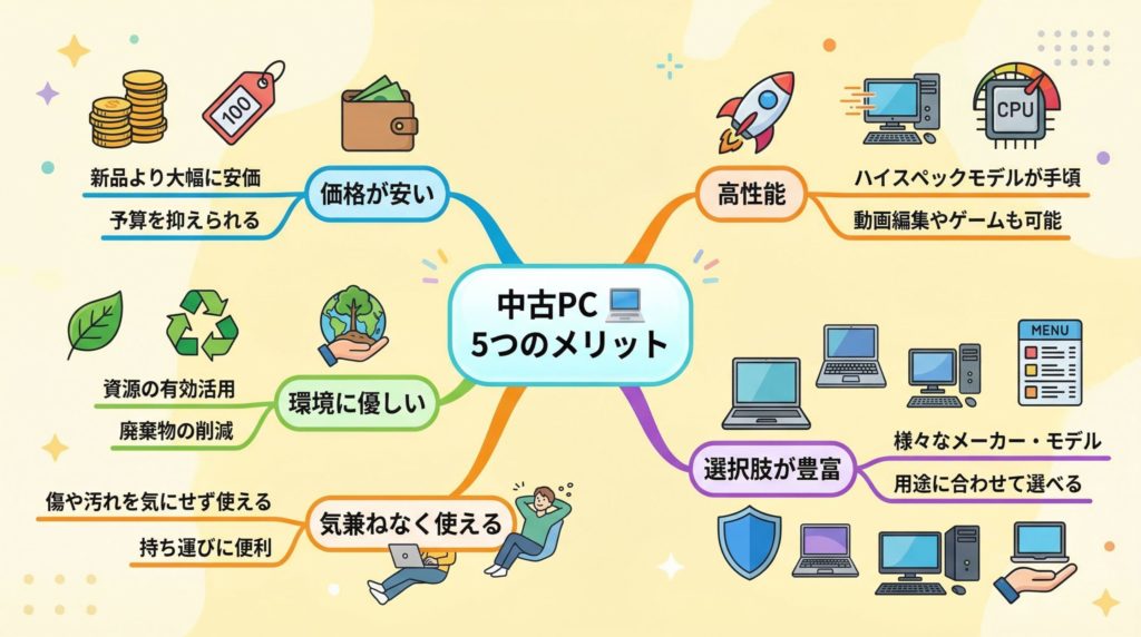 大学生が中古パソコンを選ぶ5つのメリットをまとめたマインドマップ。
