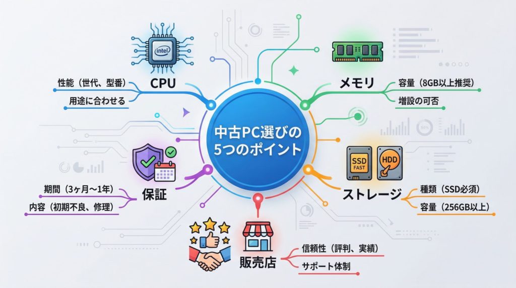 大学生が中古パソコンを選ぶ際の5つの重要ポイントを示したマインドマップ。
