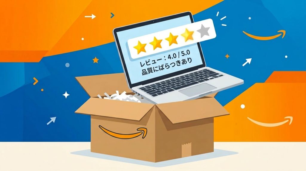 Amazonの箱から出てくる中古パソコンのイラスト：イメージ画像
