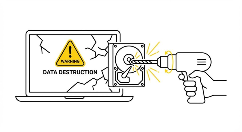 壊れたパソコンのハードディスクを物理破壊する様子のイラスト
