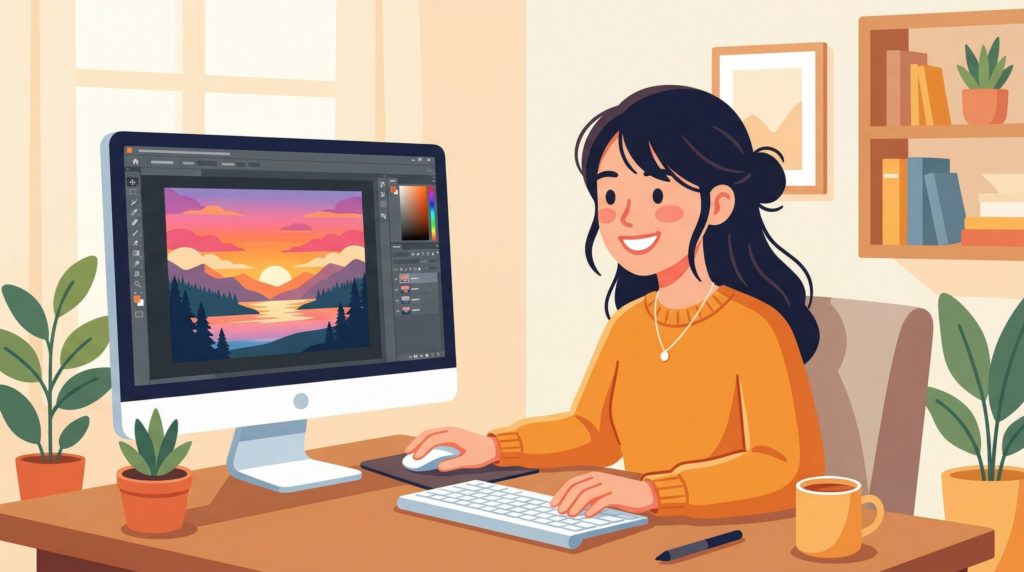 中古パソコンで快適に画像編集を楽しむ女性のイラスト。
