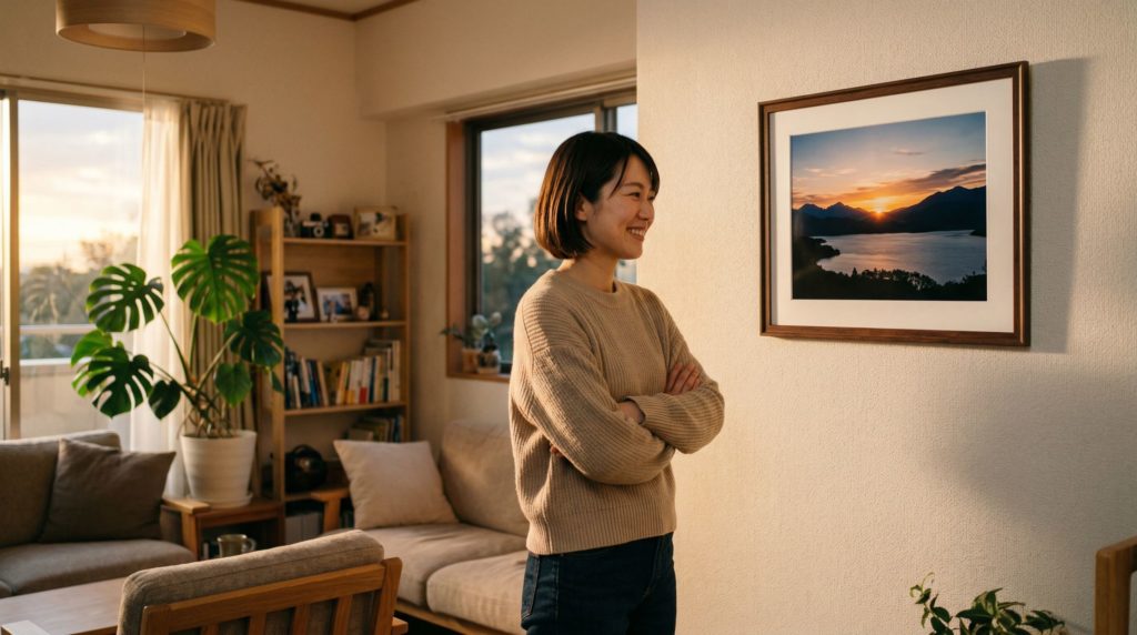 自分の作品を眺めて満足している女性のイメージ。
