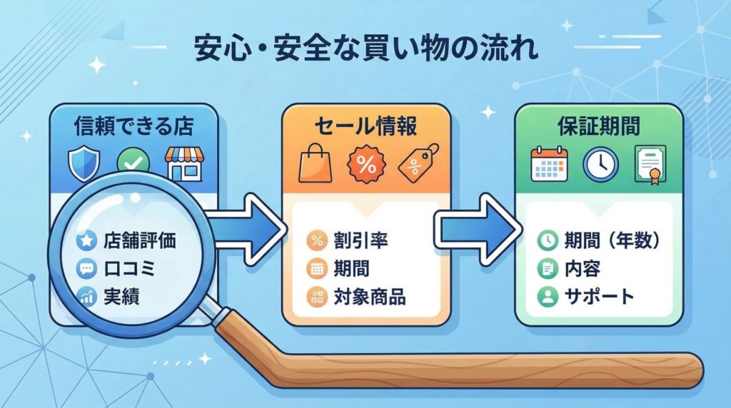 安い中古パソコンを効率的に探す手順を示した図解。