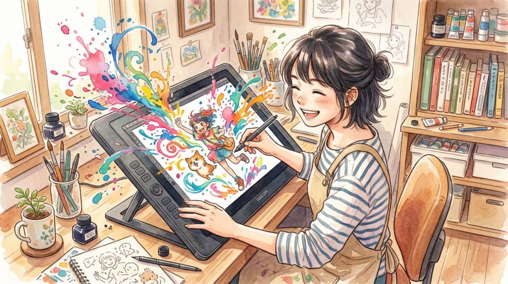 液晶ペンタブレットでイラストを制作するアーティストのイラスト。
