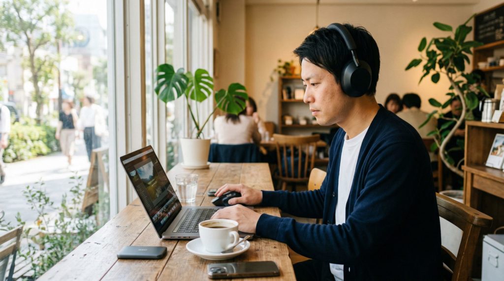 カフェでノートパソコンを使い画像編集をする男性。
