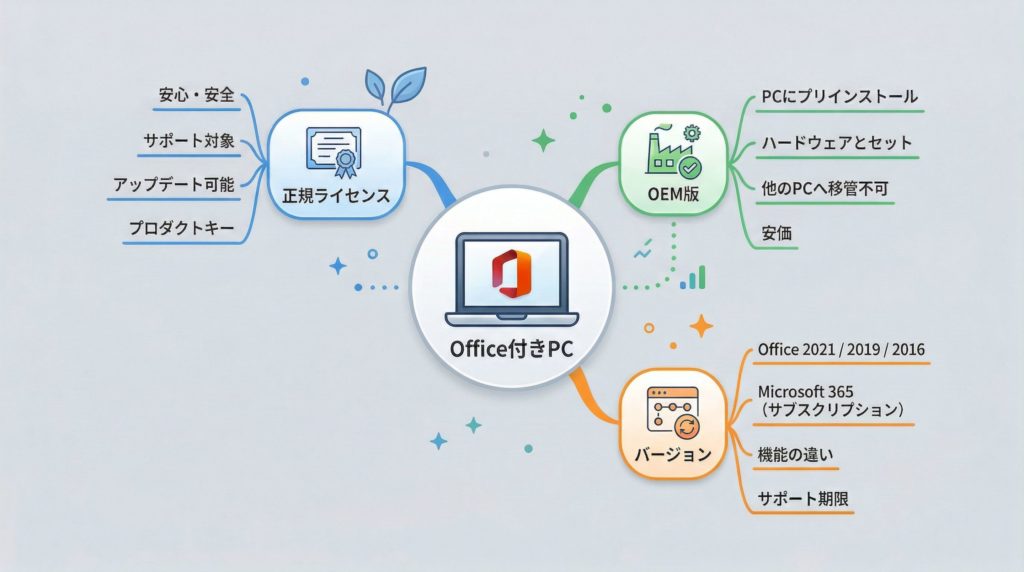 Office付き中古パソコン選びの3つの要点の図解