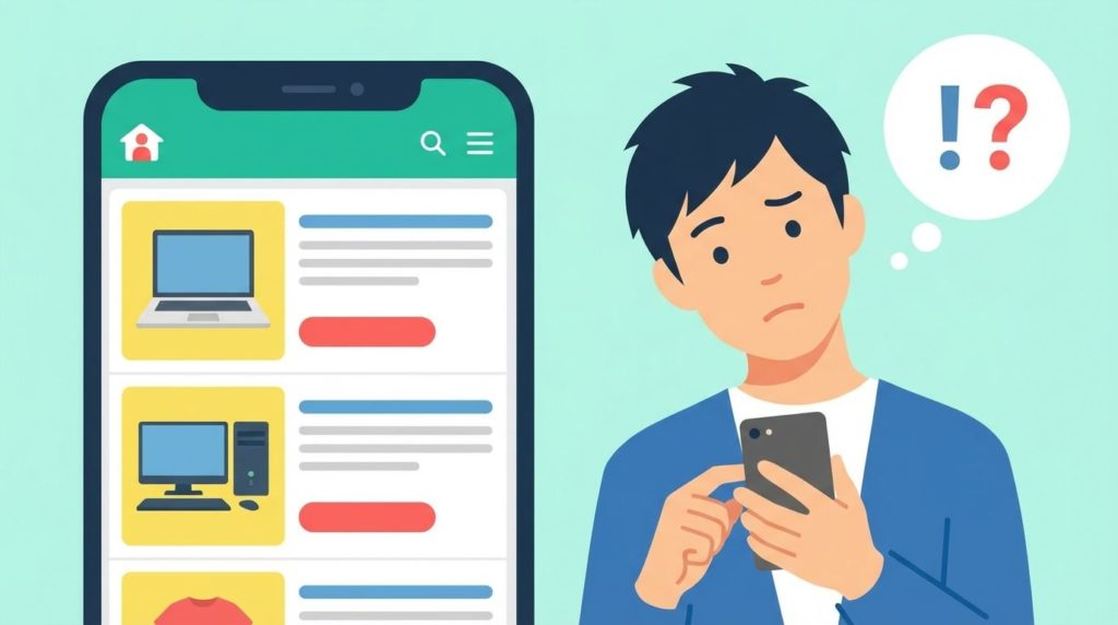 スマホで個人間取引サイトを見ながら不安を感じる男性