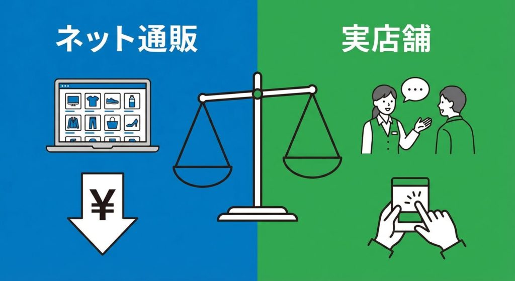ネット通販と実店舗のメリットを比較する天秤の図
