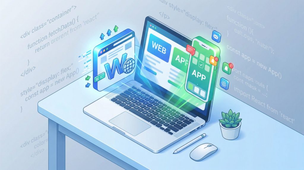 プログラミング学習用のパソコンから飛び出すアイコン