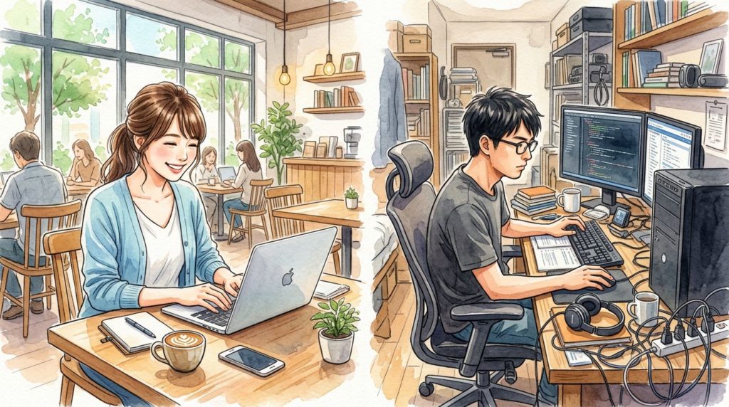 ノートパソコンの携帯性とデスクトップパソコンの設置スペースを対比したイラスト
