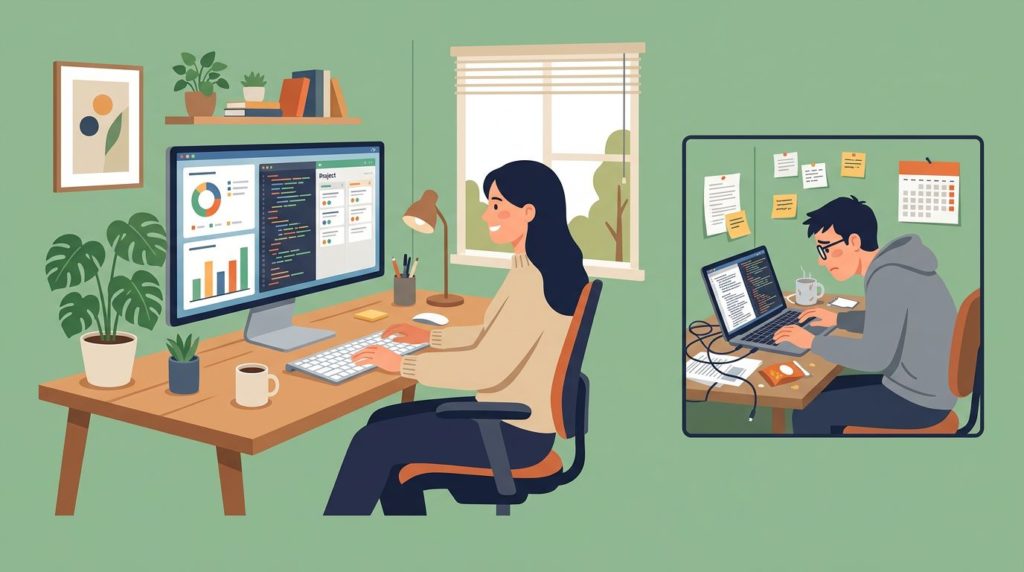 デスクトップの大きな画面とノートパソコンの小さな画面での作業環境を比較するイラスト
