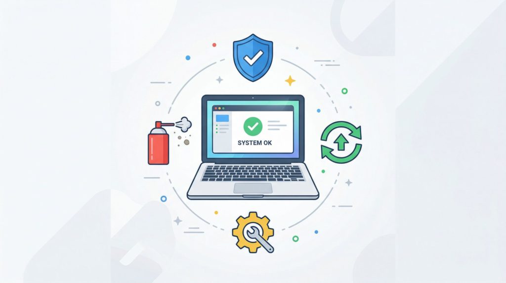 パソコンの初期設定とメンテナンス作業を象徴するイラスト。
