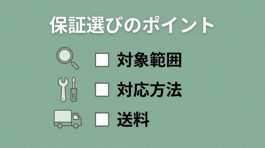 中古パソコンの保証内容を確認する際の3つのポイントを示す図解
