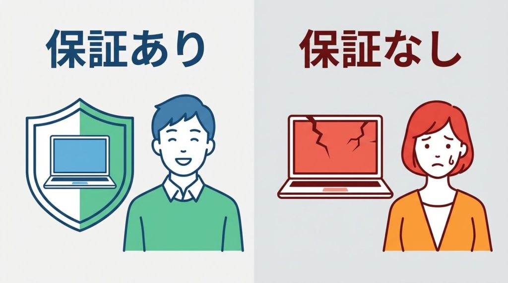 保証ありと保証なしの中古パソコンのリスクを比較する図解
