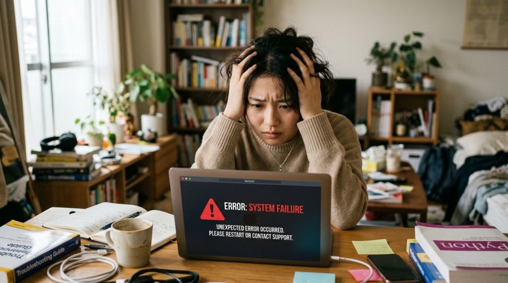 パソコンの前で困っている女性
