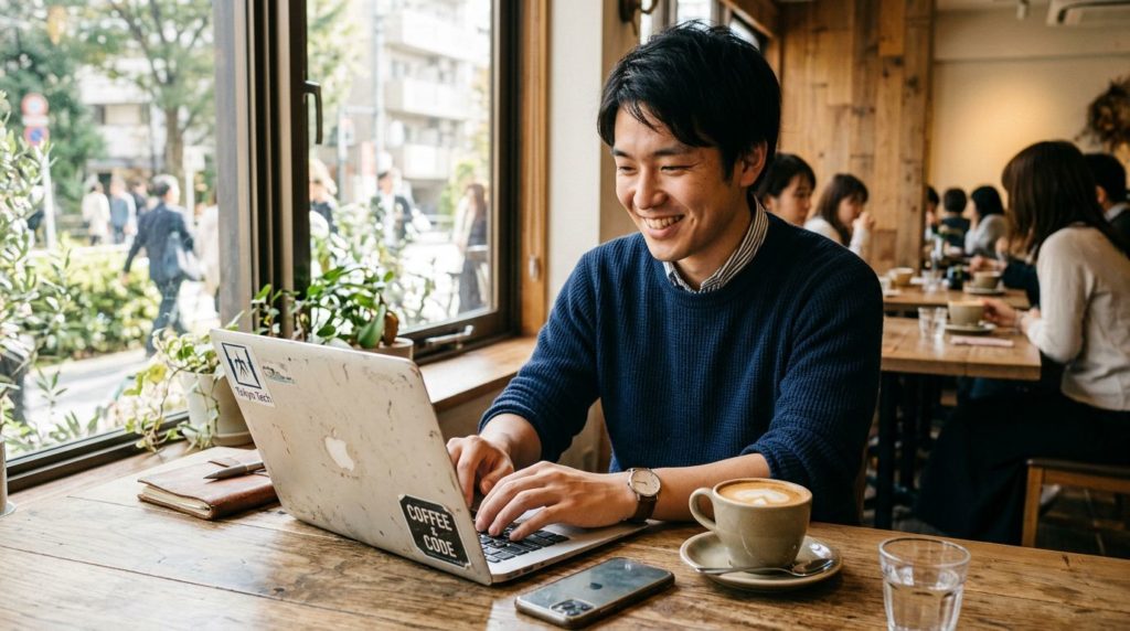 カフェで中古パソコンを笑顔で使う男性
