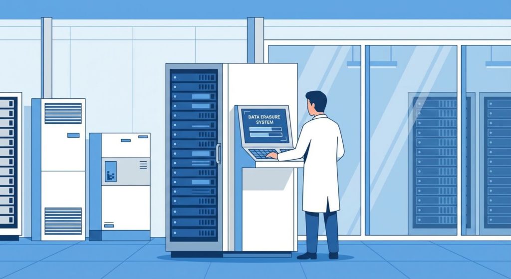 専門スタッフがデータ消去装置を操作しているイラスト
