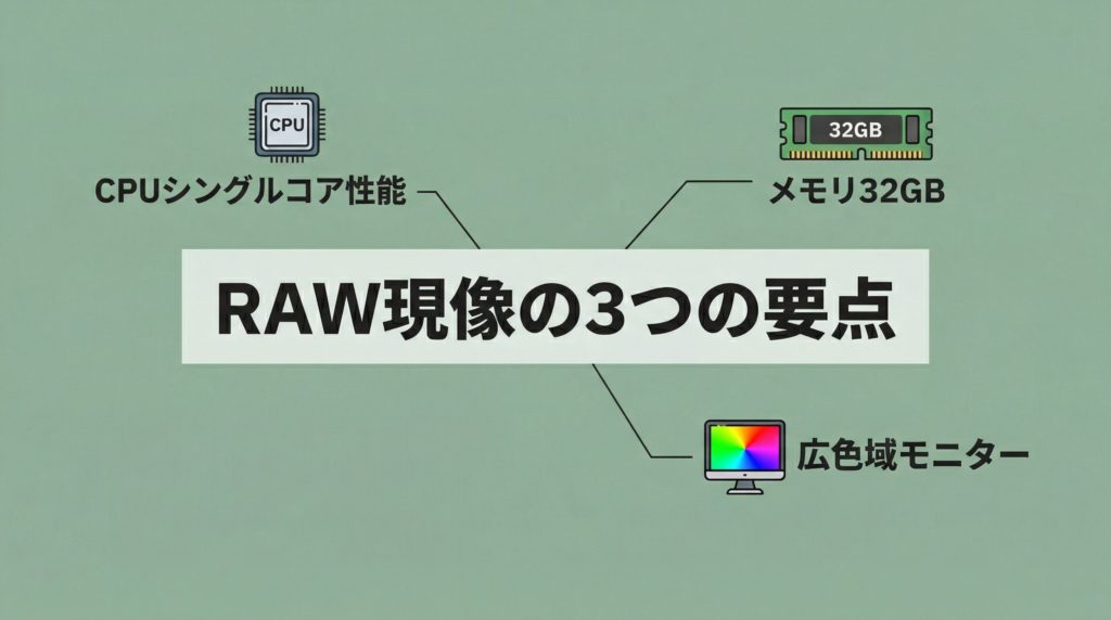 RAW現像向けパソコン選びの3つの要点を示した図解。

