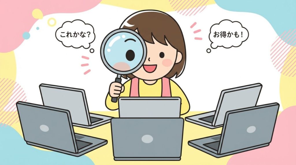 虫眼鏡で中古ノートパソコンを熱心に探す女性のイラスト