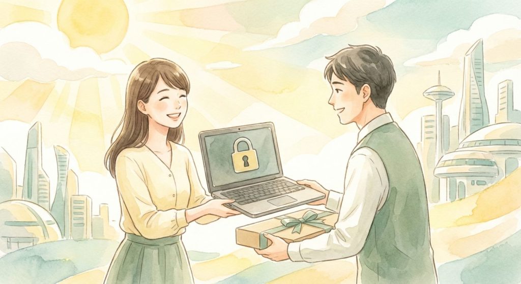 専門業者にパソコンを渡し安心して新しい未来へ進む女性のイラスト
