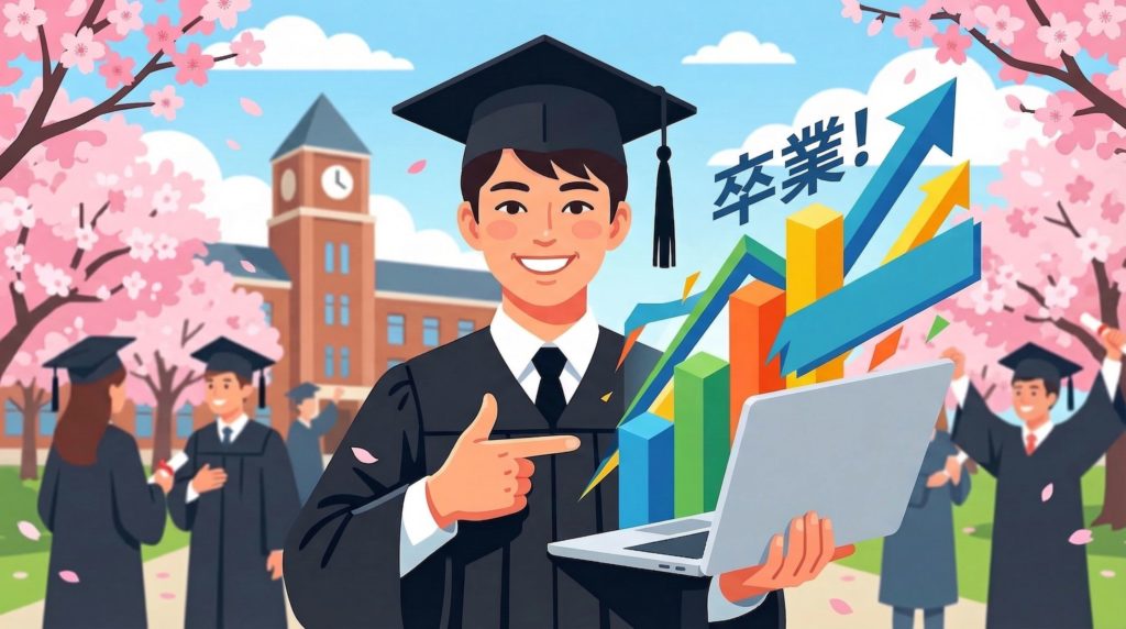 中古パソコンを選んで成功した大学生の達成感を表すイラスト。