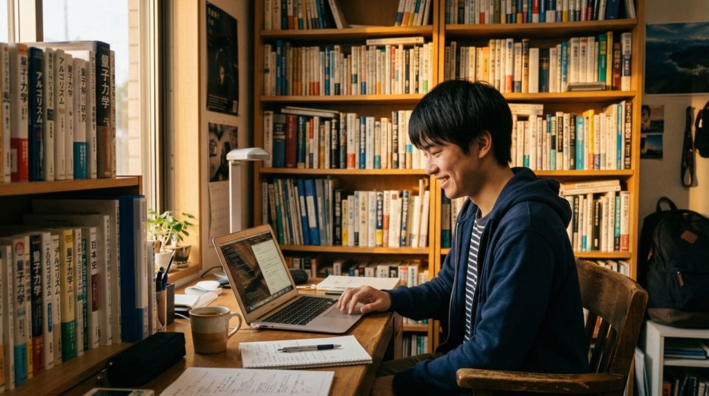 中古パソコンを手に入れ学習を始める学生