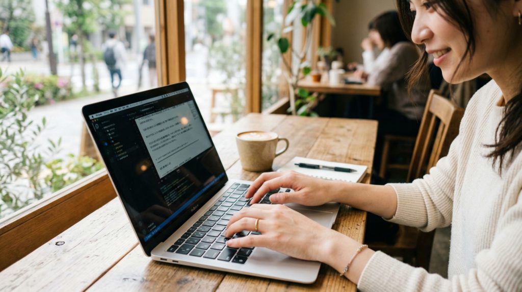 カフェでノートパソコンを使いタイピング練習をする女性