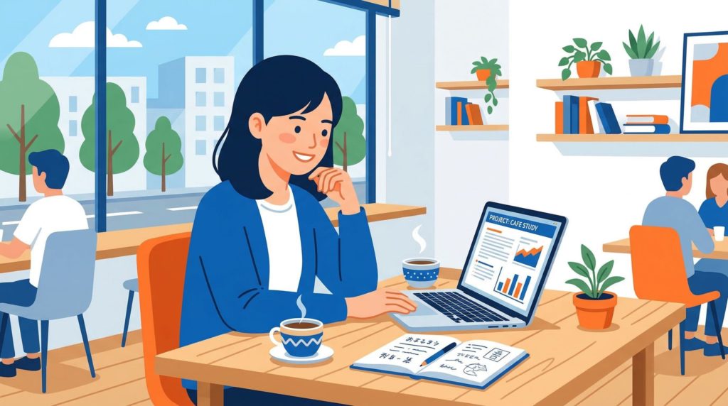 カフェで中古パソコンを使い、満足そうな表情を浮かべる大学生。