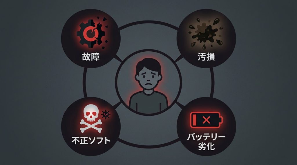 中古パソコンの悪い評判（故障、汚損、バッテリー劣化、不正ソフト）をまとめた図解
