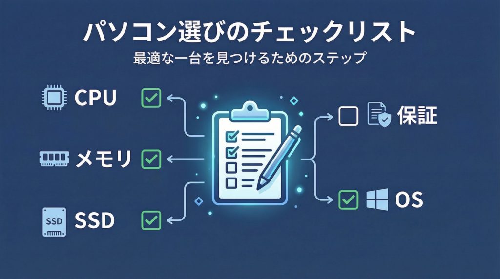 中古パソコン選びで確認すべき項目をまとめたチェックリストの図解。
