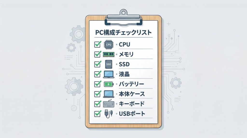 中古パソコン購入前のチェック項目リストの図解
