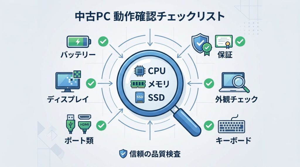 中古パソコン選びのチェックポイントを示す図解

