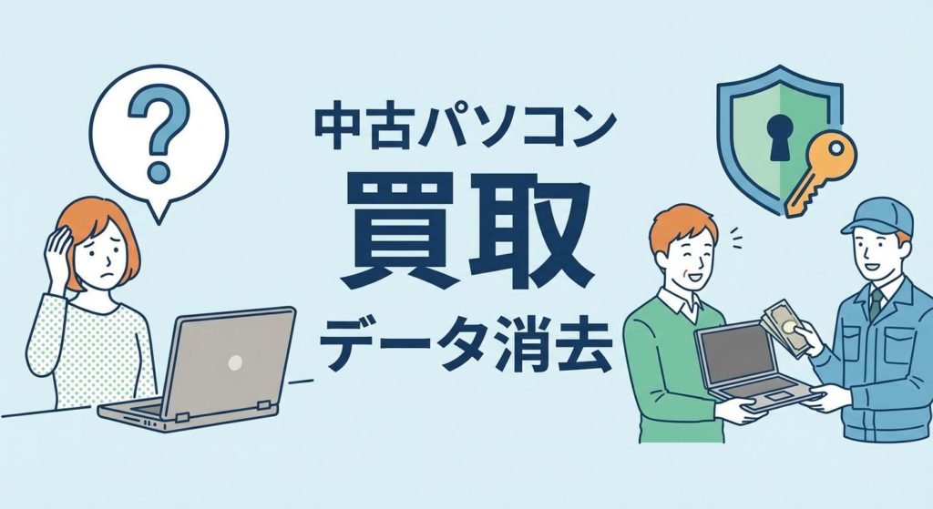 中古パソコンのデータ消去の不安と買取業者による解決策を示す図解
