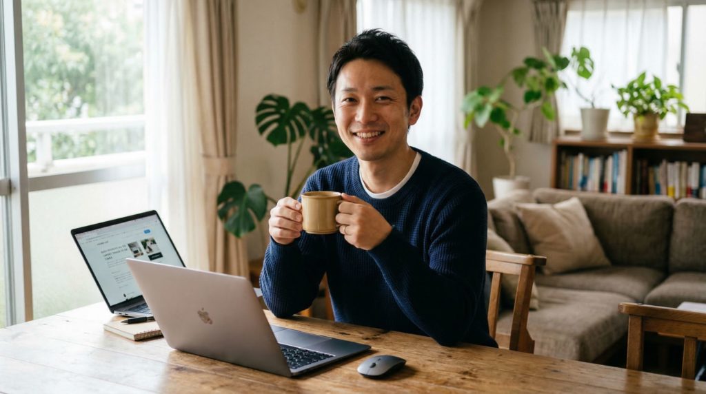 良い中古パソコンを見つけて満足している男性
