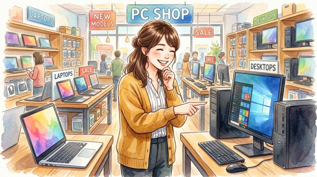 自分に合った中古パソコンを見つけて満足している人物のイラスト
