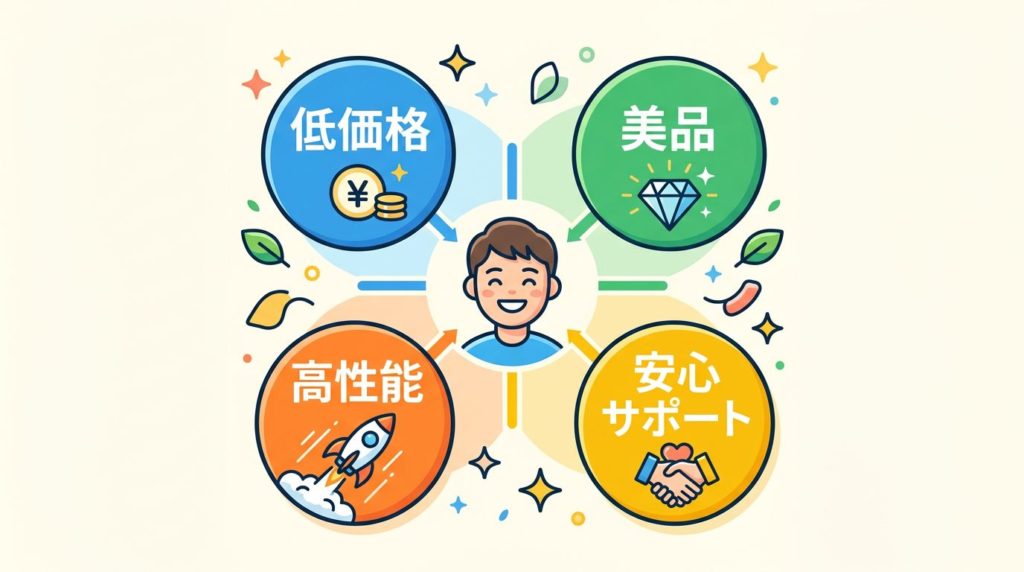 中古パソコンの良い評判（低価格、美品、高性能、安心サポート）をまとめた図解
