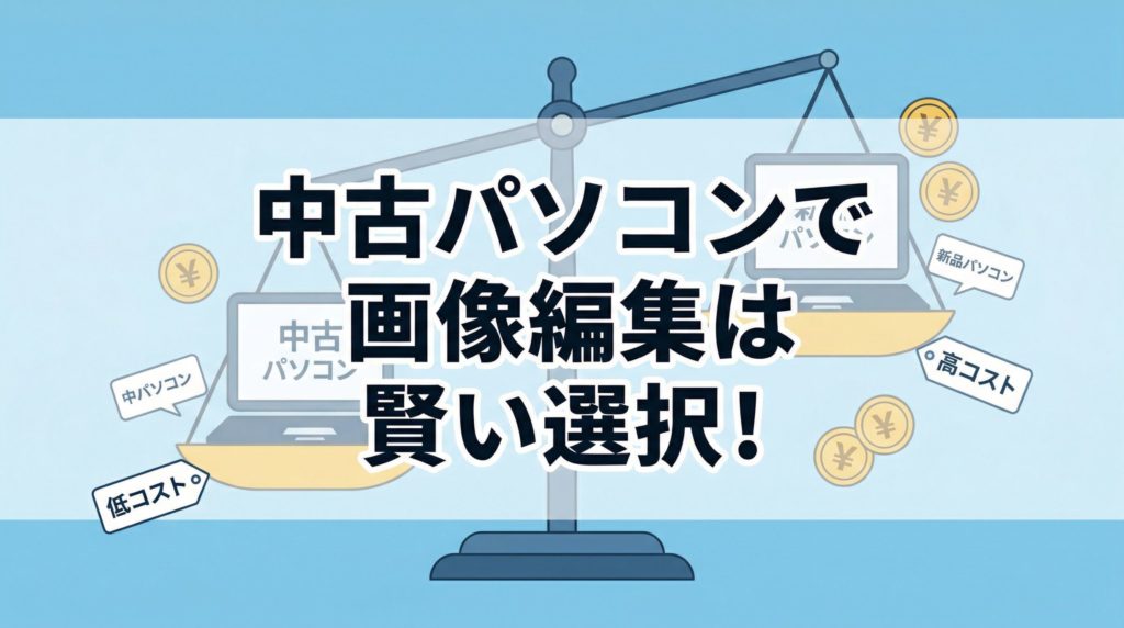 中古パソコンと新品パソコンを天秤にかけ、中古パソコンが賢い選択であることを示す図解。
