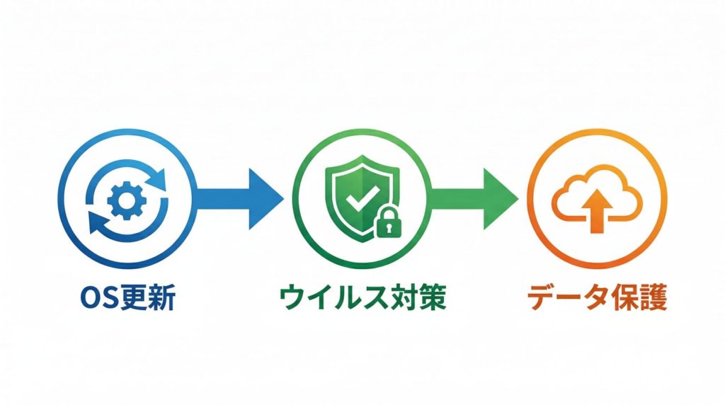 中古パソコン購入後にやるべき初期設定のフローチャート
