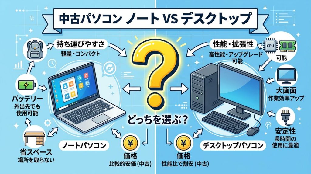 ノートパソコンとデスクトップパソコンを比較する図解
