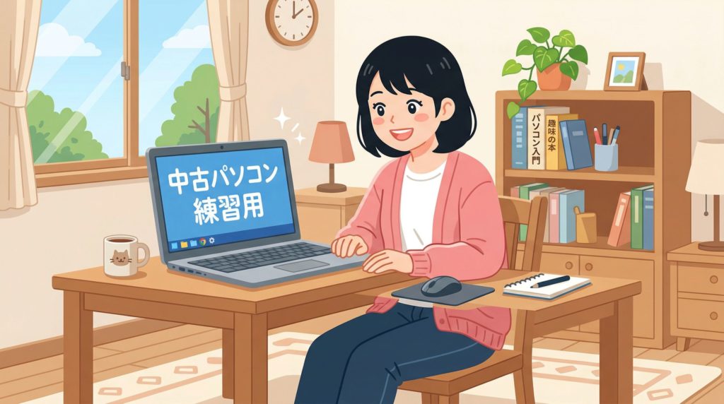 練習用の中古パソコンを前にして笑顔の初心者