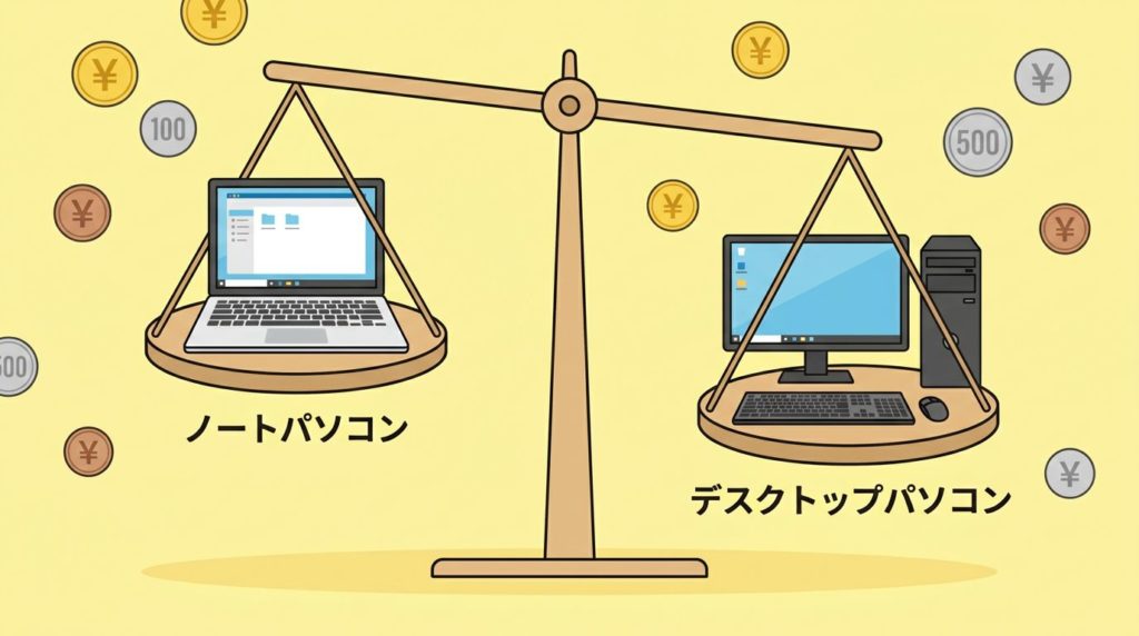 天秤でノートパソコンとデスクトップパソコンの価格を比較するイラスト
