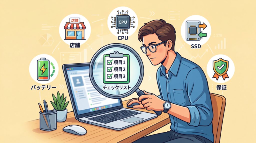 虫眼鏡で中古パソコンの注意点をチェックしているイラスト
