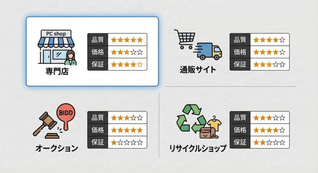 中古パソコン購入先4つの選択肢の比較表
