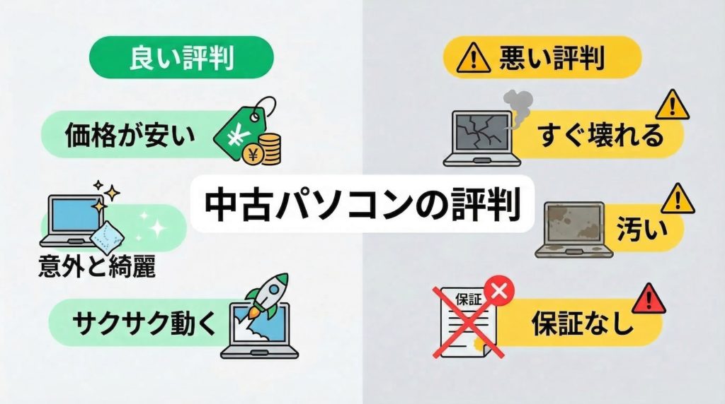 中古パソコンの良い評判と悪い評判を比較した図解
