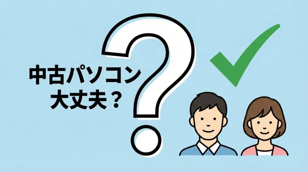 「中古パソコンは大丈夫？」という疑問と解決策を示す図解
