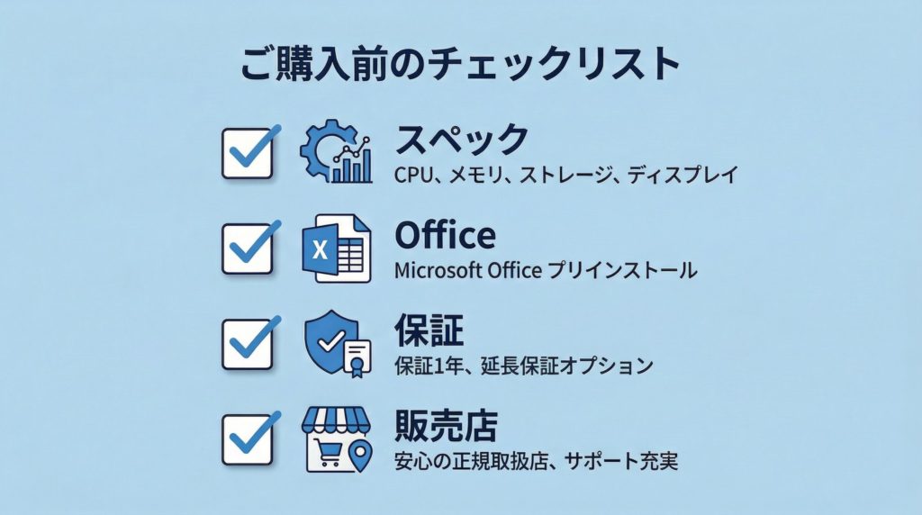 中古パソコン選びの4つのポイントを示した図解