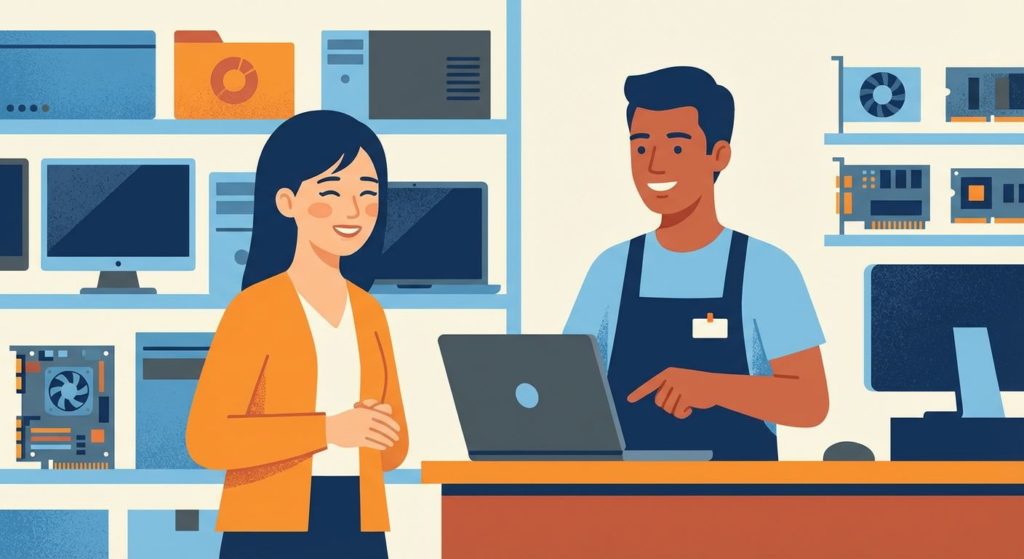 中古パソコン専門店で安心して相談する女性
