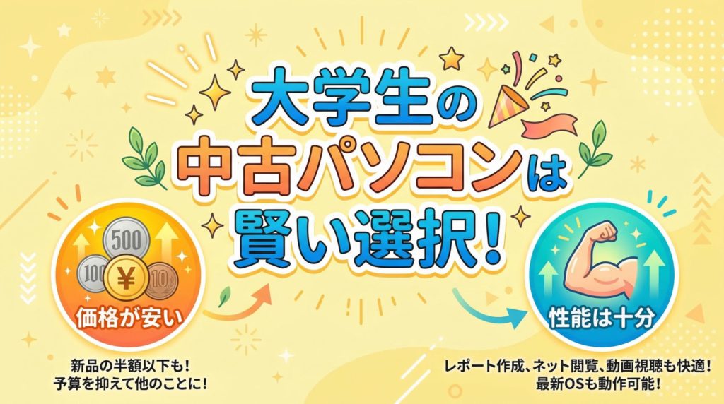 大学生の中古パソコン選びが賢い選択であることを示す図解。