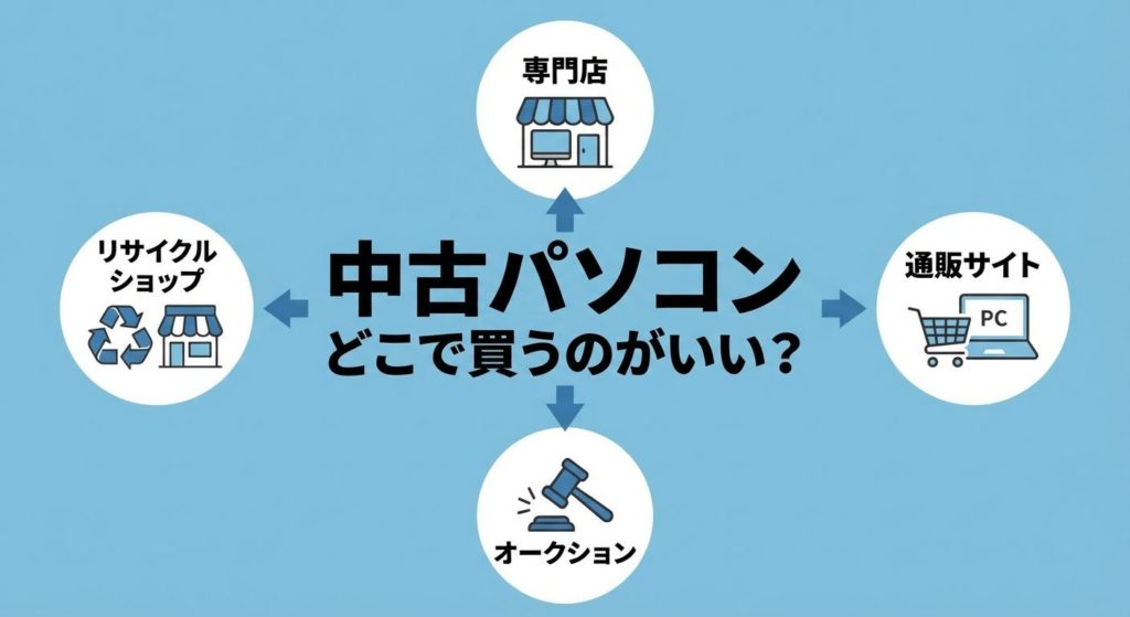 中古パソコンの購入先を示す4つの選択肢の図解
